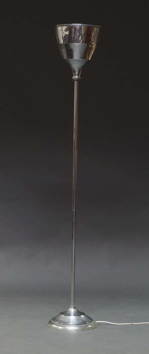 
	
		An Art Deco chromed metal uplighter, c.1940s-50s, with a tapering conical shade, on...