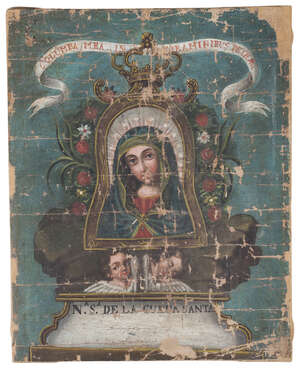 
	
		A South American School icon of the Virgin Mary, 18th century and later, oil on canvas,...