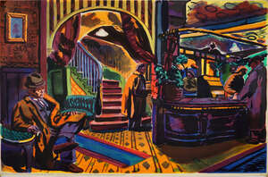 
	
		George Hooper, 
		British 1910-1994- 
		Hotel Entrance, No. 8. 1947; 
		lithograph in...