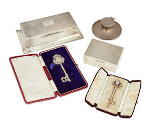 
	
		A silver cigarette box, London c.1924, Charles & Richard Comyns, with engine turned cover...