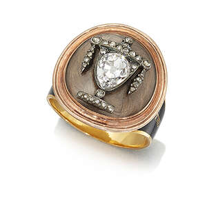 
	
		An early 19th century gold, diamond and enamel mourning ring commemorating the death of ...