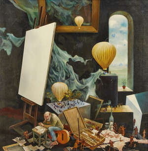 
	
		Vladimir Ryklin, 
		Russian/American b.1934- 
		 
		Surrealist interior with hot air...