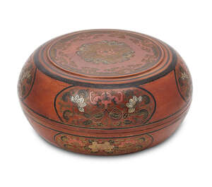 
	
		A large Chinese tianqi lacquer circular food box and cover, early 20th century, the cover...