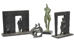 
	
		Geoffrey Harris,
		British 1928-2019-
		 
		Bronze figure, Two stone figures...