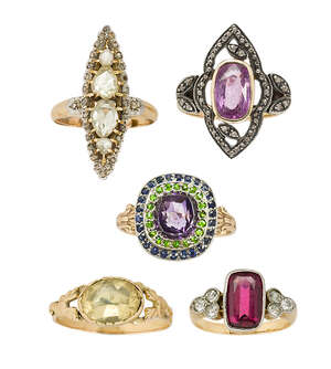 
	
		A group of five gem rings, comprising: an Edwardian, rose-cut diamond navette cluster...