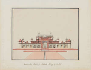 
	
		The Tomb of Akbar at Sikandra, Agra School, India, circa 1850, ink and opaque pigments on...