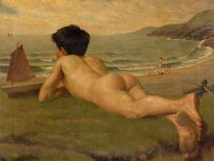 
	
		John Miller, 
		British, late 19th century- 
		Boy with a toy boat lying on the grassy...