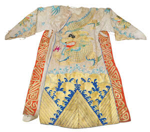
	
		A Chinese silk embroidered dragon robe, early 20th century, embroidered to front and back...