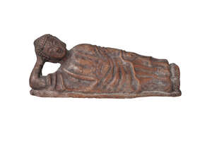 
	
		A Chinese terracotta figure of Shakyamuni Buddha, 19th century, modelled reclining with...