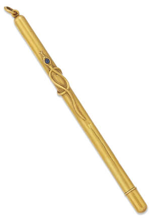 
	
		A Victorian gold and sapphire pencil, the cylindrical barrel with applied serpent with...
