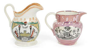 
	
		A Sunderland lustreware Masonic jug, early 19th century, designed with printed Masonic...