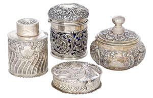 
	
		A small group of silver vanity jars and trinket boxes, comprising: a Victorian silver...