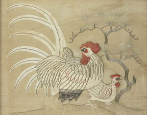 
	
		A Japanese silk embroidered rooster and hen, early 20th century, finely embroidered...