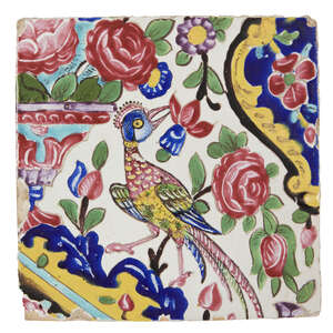 
	
		A Qajar polychrome decorated tile, Iran, late 19th century, of square form, underglaze...