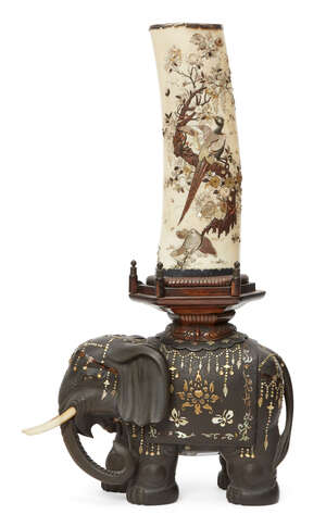 
	
		A Japanese Shibayama tusk vase, Meiji period, inlaid with mother of pearl, in a all over...