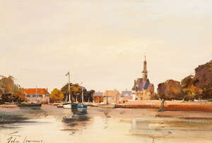 
	
		John Lawrence, 
		British b. 1934- 
		 
		Boats moored in a harbour; 
		 
		oil on...