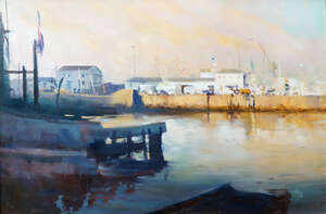 
	
		Ruth Squibb, South African b.1928- Tranquil harbour scene; oil on board, signed, 61x91cm...