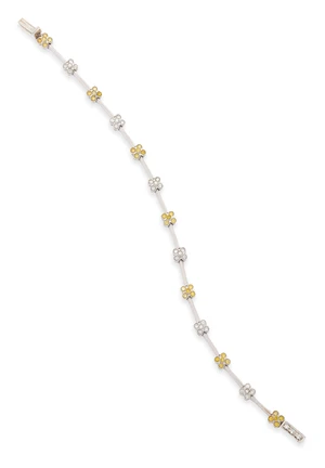 A diamond and coloured diamond bracelet, composed of floral brilliant-cut diamond and yellow...
