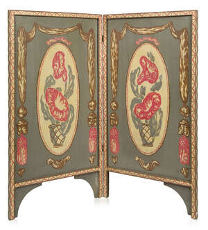 
	
		Bloomsbury School, a two fold fire screen 
		c. 1930, unsigned 
		A hand painted fire...
