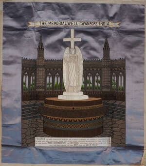 
	
		A Victorian silk work memorial depicting The Memorial Well of Cawnpore, India, in...