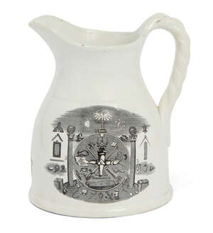 A pearlware Masonic jug, 19th century, possibly Liverpool, designed with printed monochromatic...