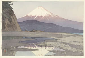 
	
		Hiroshi Yoshida, Japanese 1876-1950, Fuji from Okitsu, 1928, woodblock print in colours,...