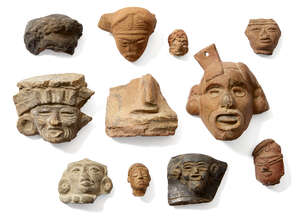 
	
		Eleven various pre-Columbian pottery head fragments, from Ecuador, Manabi /Bahia and...