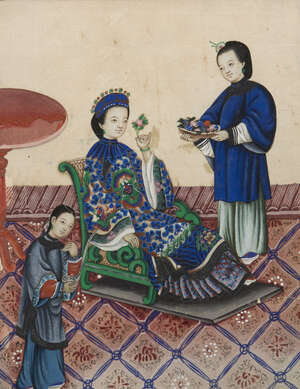 
	
		A Chinese gouache painting on rice paper, late 19th century, depicting a reclining court...