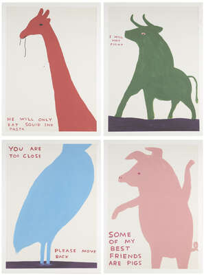 
	
		David Shrigley OBE, 
		British b.1968- 
		 
		Animals Series, 2020; 
		 
		four offset...