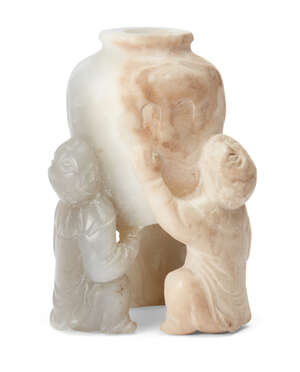 
	
		A Chinese hardstone carving of three boys, 20th century, carved holding a jar aloft,...