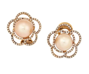 A pair of South Sea cultured pearl and coloured diamond cluster earclips, each set with a...