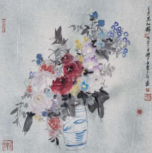 
	
		Liu Guohui  (b.1940), ink and colour on paper, vase with flowers, signed with three...