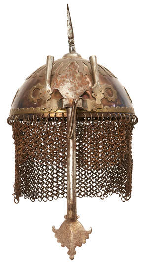 
	
		An Indo-Persian steel helmet with applied brass decoration, possibly Sikh, India,...