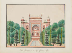 
	
		The Front Entrance to the Tajh Gateway Agra, Agra School, India, circa 1850, ink and...