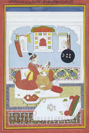 
	
		An amorous couple seated in their bedroom, Mewar, Udaipur, India, early 19th century,...