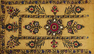 
	
		A susani, Nurata region, Uzbekistan, late 19th century, embroidered in black, blue purple...