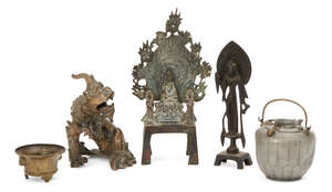 
	
		Two Chinese Tang style bronze deities, early 20th century, 20cm and 25cm high, a bronze...