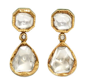 
	
		A pair of diamond-set drop gold earrings, India, 20th century, to each the octagonal stud...