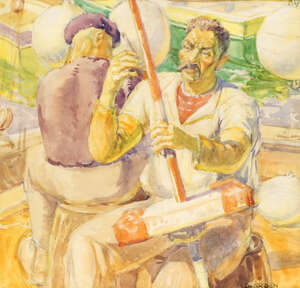 
	
		Harold Dearden, 
		British 1888-1962- 
		 
		Two fisherman working seated on the dock,...