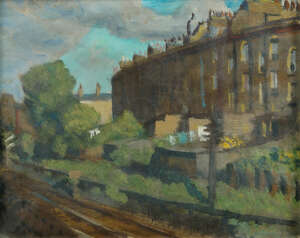 Richard Murry NEAC,
		British 1902-1984-
		 
		Islington Backs;
		 
		oil on paper, signed and dated 57, 22.5x29.5cm (ARR)
		 
		Provenance: the arti