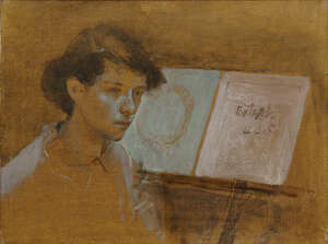 
	
		John Sergeant, 
		British 1937-2010- 
		 
		Young girl in front of an open book;...