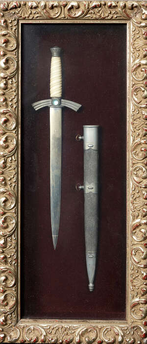 
	
		Five framed models of historical swords, late 20th century, comprising a medieval...