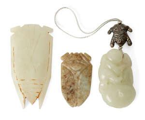 
	
		Three Chinese green hardstone carvings, 20th century, comprising two cicadas and a...