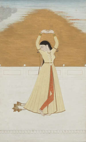 
	
		A maiden dancing on a palace terrace, a vivid sunset behind her, Guler, India, circa 1790