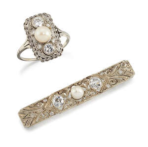
	
		An early 20th century pearl and diamond brooch and an imitation pearl and diamond ring,...