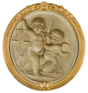 Circle of Piat Joseph Sauvage, 
		Flemish 1744-1818- 
		 
		Allegory of Justice, trompe-l'œil; 
		 
		oil on canvas, en grisaille, tondo, 110cm dia