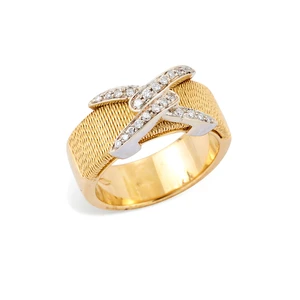 A diamond set ring, compsed of an applied diamond set panel in the form of two interlocking 'V'...