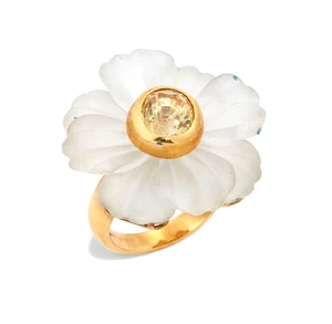 A rock crystal and yellow sapphire floral ring, composed of carved rock crystal petals, with a...