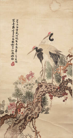 
	
		A Chinese silk embroidered hanging scroll, 19th century, decorated with two red-crested...