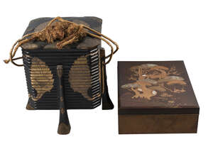 
	
		A Japanese lacquer rectangular box and cover, Meiji period, the cover painted with a pine...